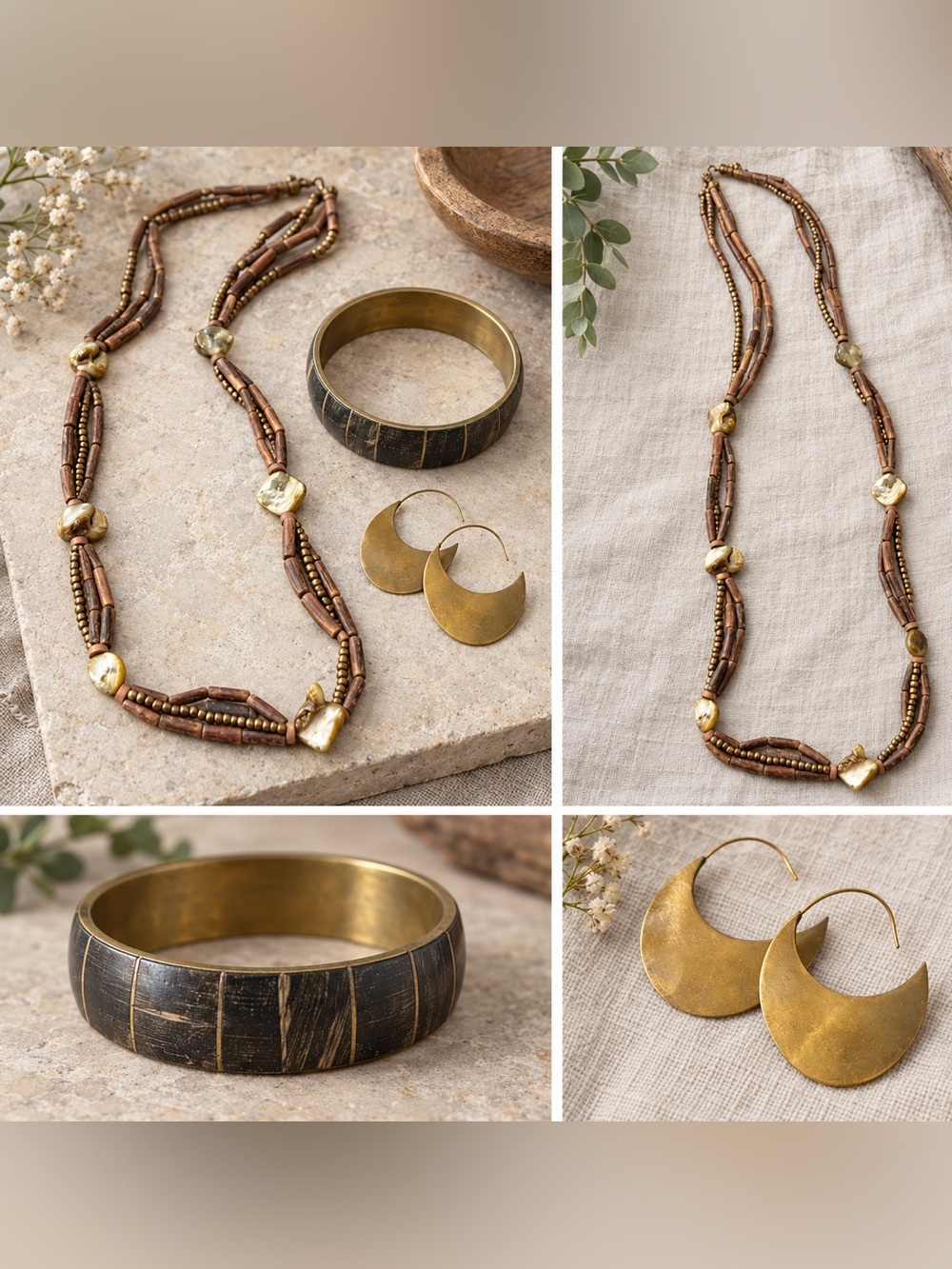 Vintage Brass Jewelry Set-Horn InlayWide Bangle, crescent Drop Earrings,Necklace